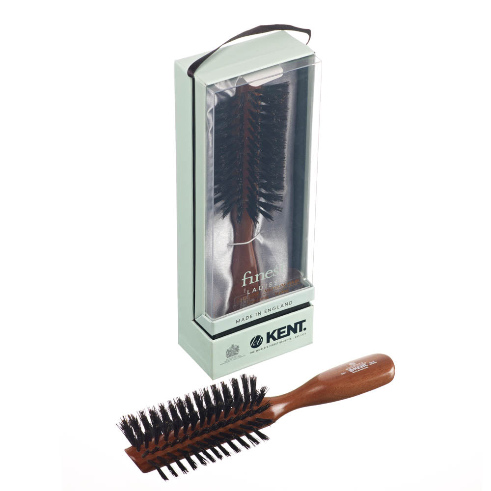 KENT LADIES FINEST DARK WOOD PURE BLACK BRISTLE HALF ROUND BRUSH