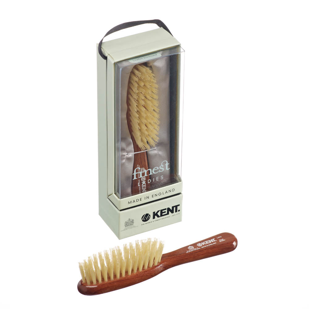 KENT LADIES FINEST DARK WOOD PURE WHITE BRISTLE NARROW HANDBAG BRUSH