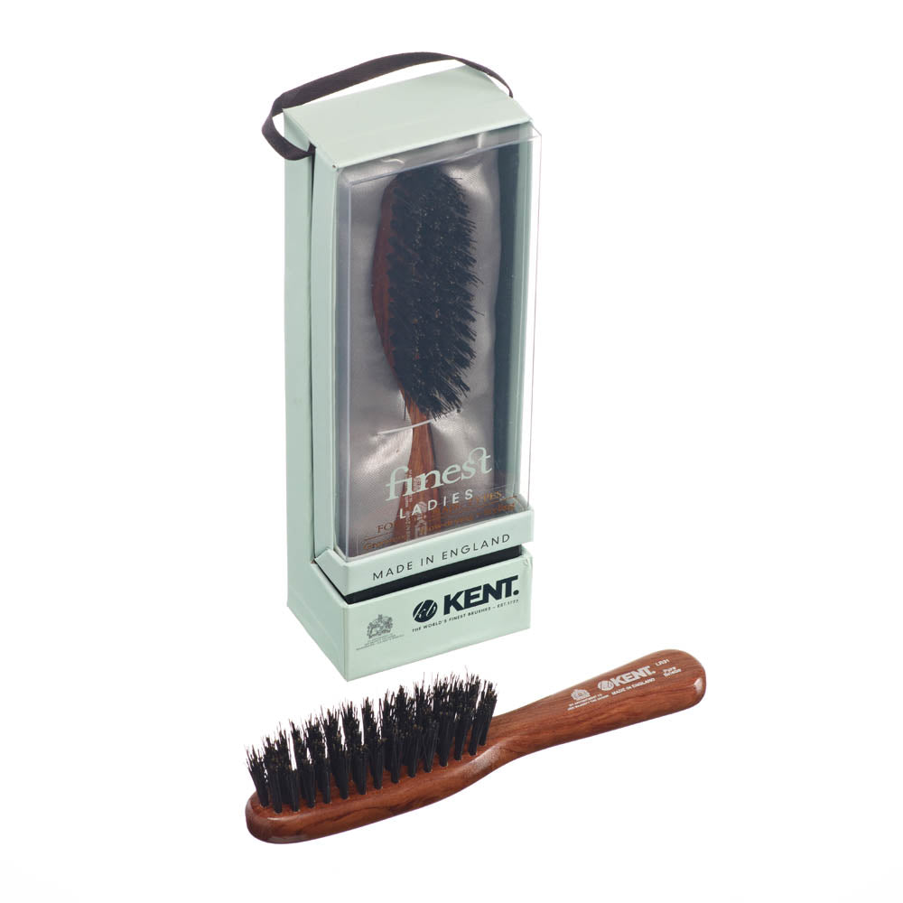 KENT LADIES FINEST DARK WOOD PURE BLACK BRISTLE NARROW HANDBAG BRUSH