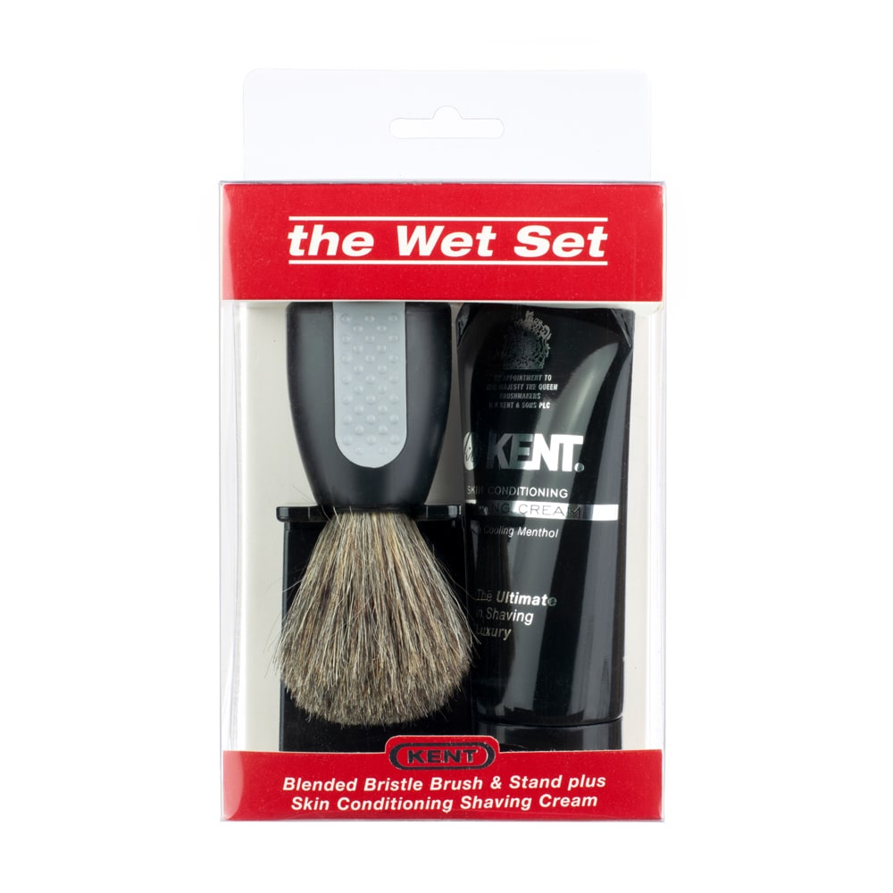 Kent BLENDED BRISTLE SHAVING BRUSH, STAND AND SHAVING CREAM GIFT SET WET SET